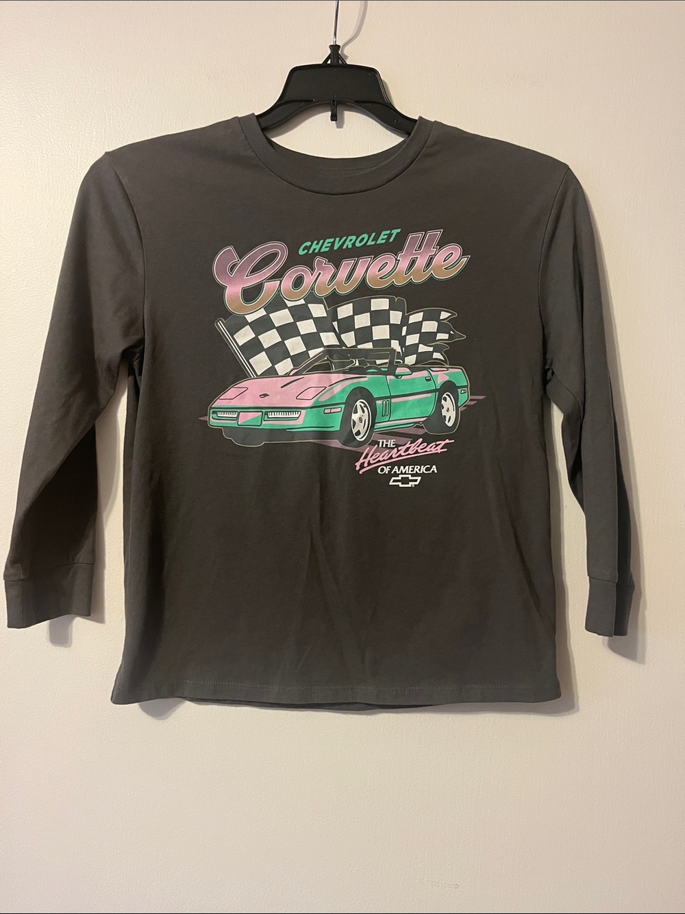 Grey Long-Sleeve Tee with Pink & Teal Corvette Graphic